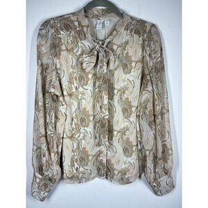 Joie Womens Paisley Tie Neck Pussybow Blouse Medium Tan Brown Long Sheer Sleeve